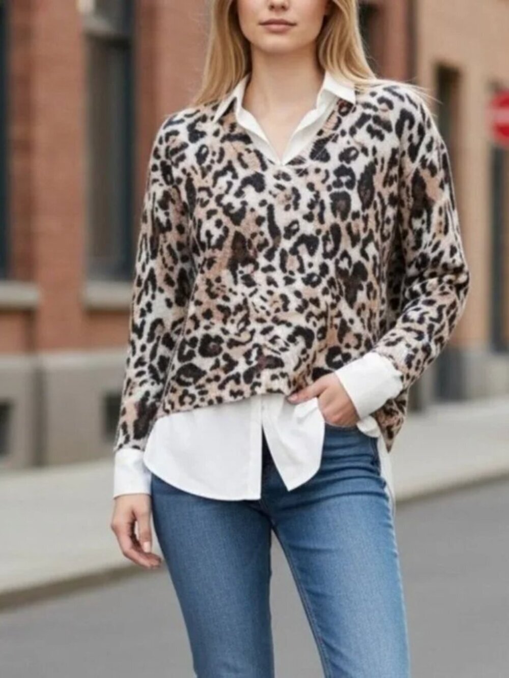 Brochu Walker The Looker Layered VNeck Wool Cashmere Animal Print Sweater size M